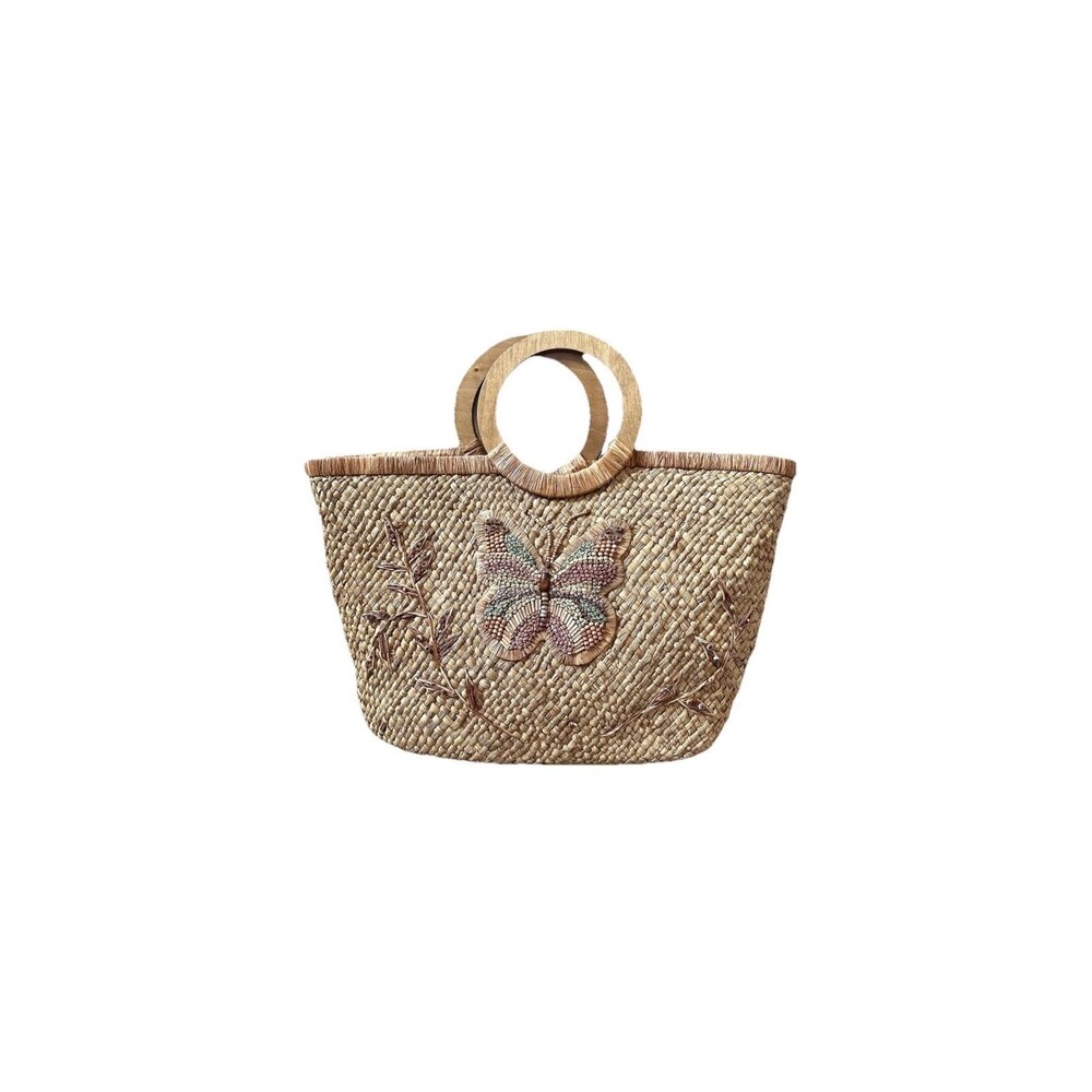 ST John Straw Bag Cappelli Woven Straw Purse Butterfly Wooden Beach Summer